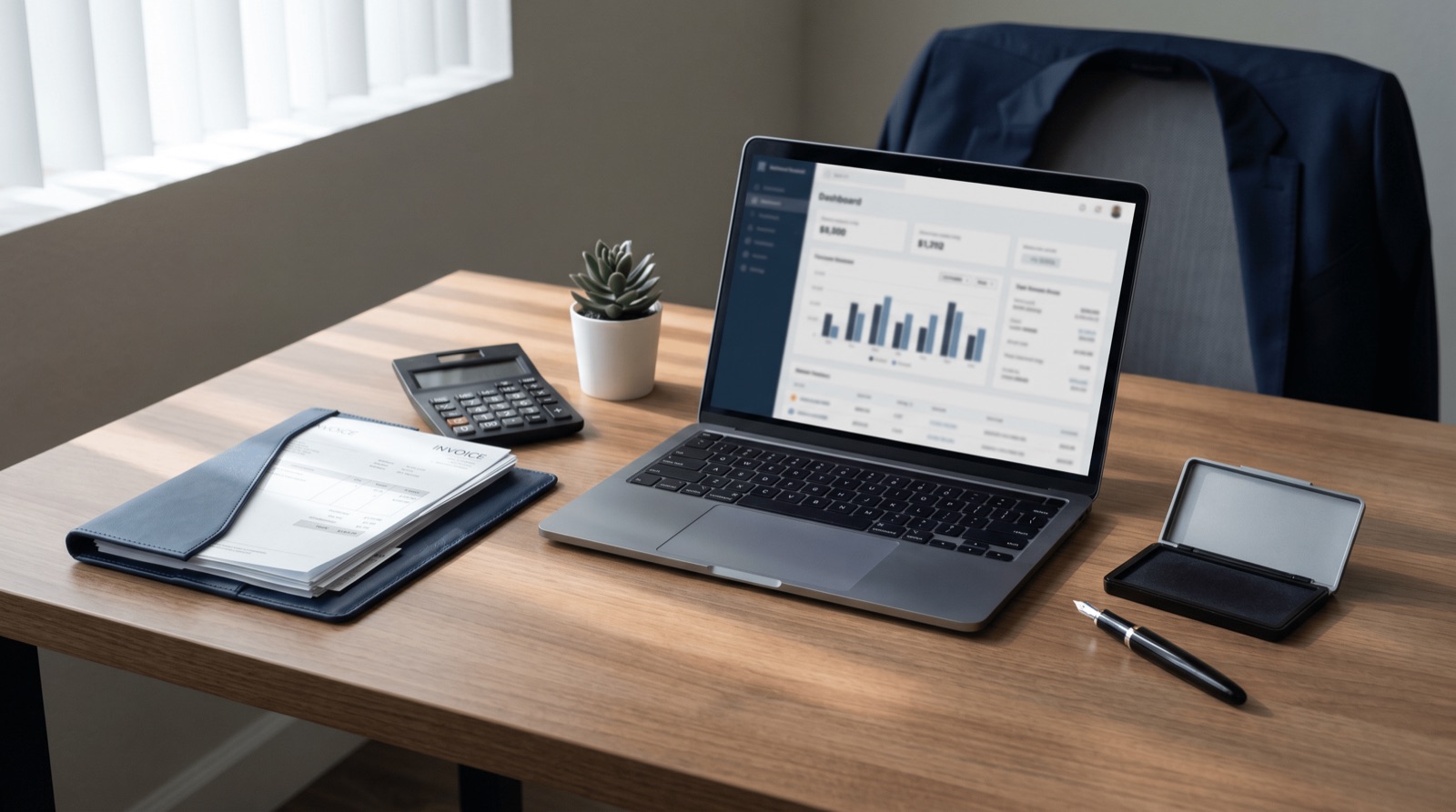 Laptop showing an AP dashboard with invoice charts beside a calculator, leather invoice folio, and fountain pen
