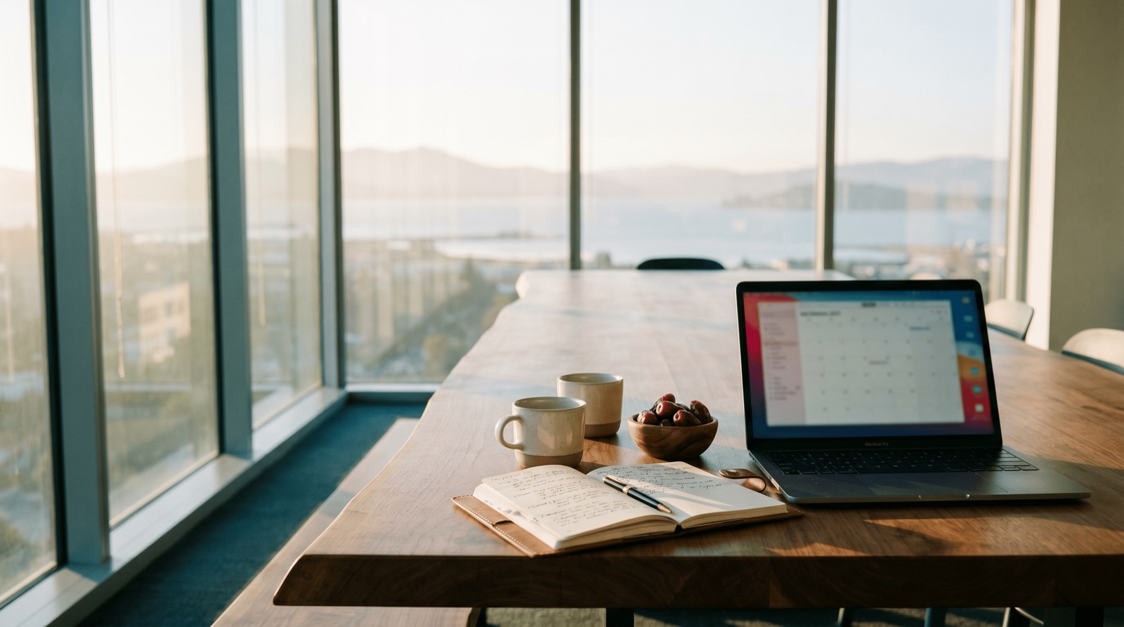 Laptop showing a calendar on a sunlit table with mugs and journal, overlooking a sweeping bay and mountain view