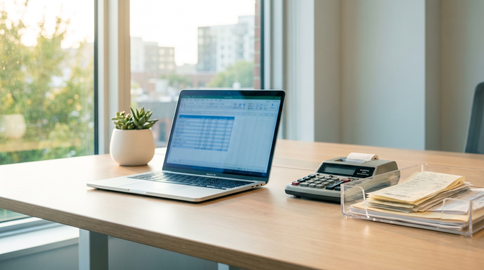 Laptop showing accounting spreadsheet beside a calculator and stack of receipts on a sunlit bookkeeper's desk