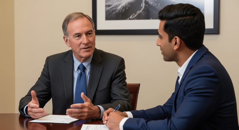 Senior tax advisor and business owner reviewing M&A transaction documents in a private consultation
