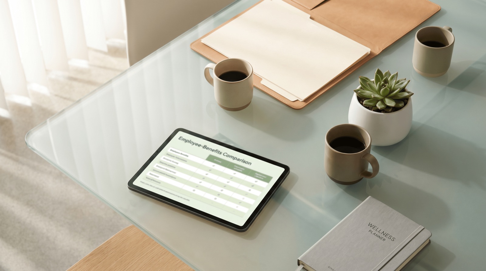 Tablet displaying an employee-benefits comparison table beside two coffee mugs and a wellness planner on a glass table