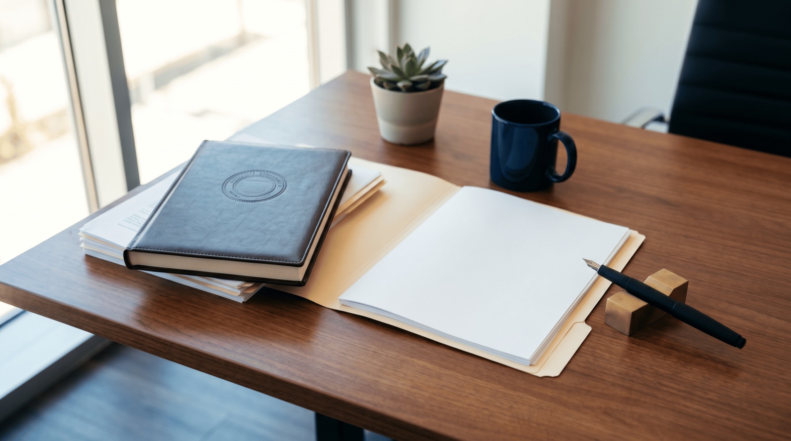 Embossed leather portfolio open to a blank manila folder with fountain pen, brass paperweight, and coffee on a wood desk