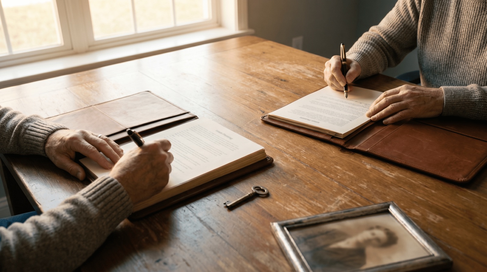 Two pairs of hands signing leather-bound estate documents on an oak farmhouse table beside an antique key and vintage photo