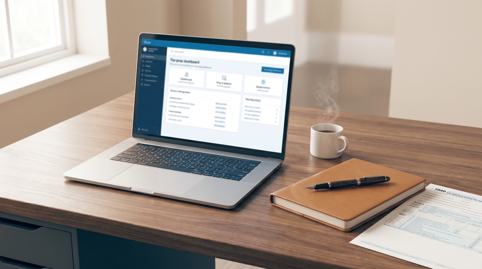 Laptop showing tax preparation software beside a leather notebook, fountain pen, and 1040 form on a wood desk