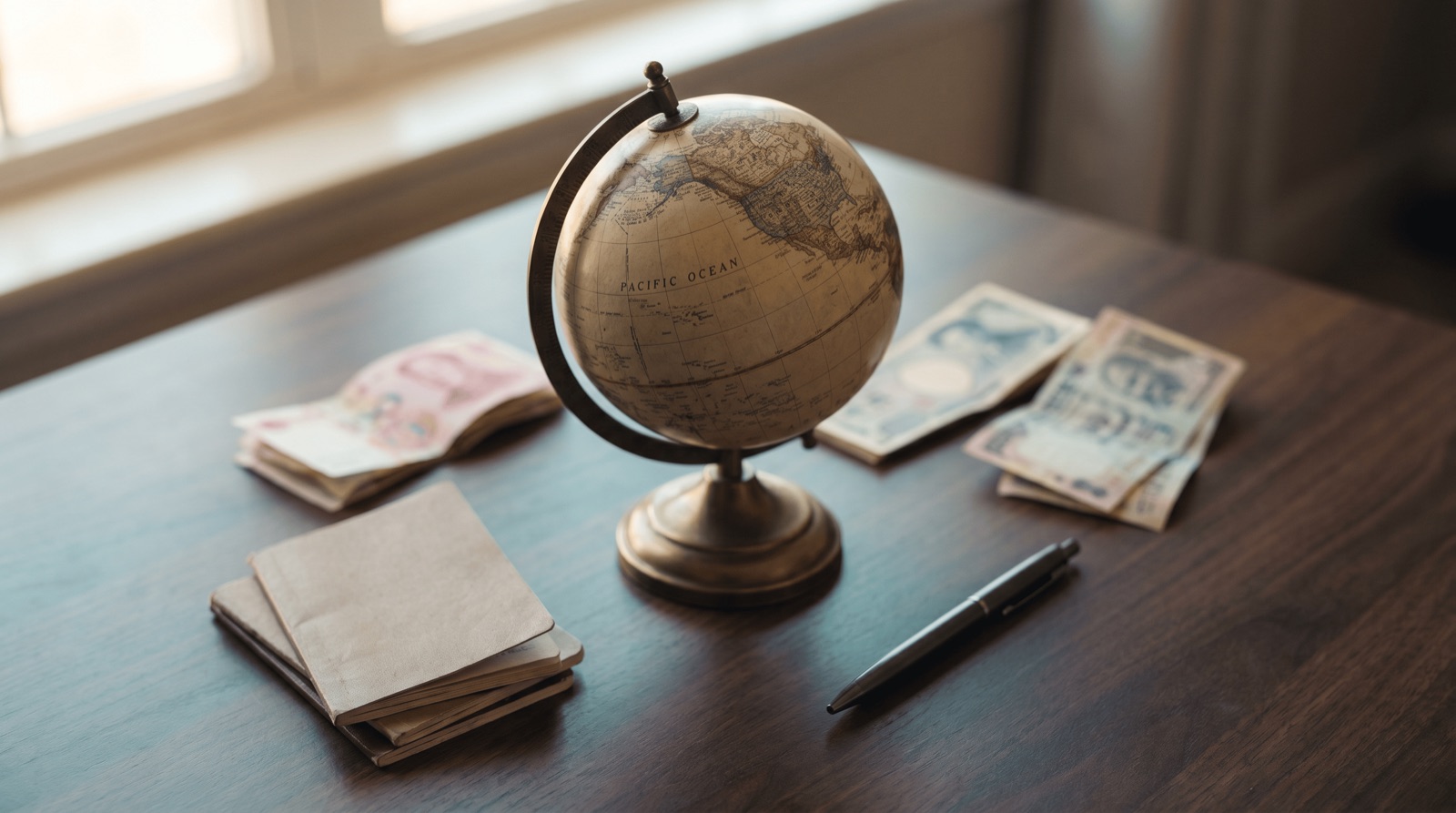 Antique world globe on a wood desk surrounded by foreign currency notes representing international tax services