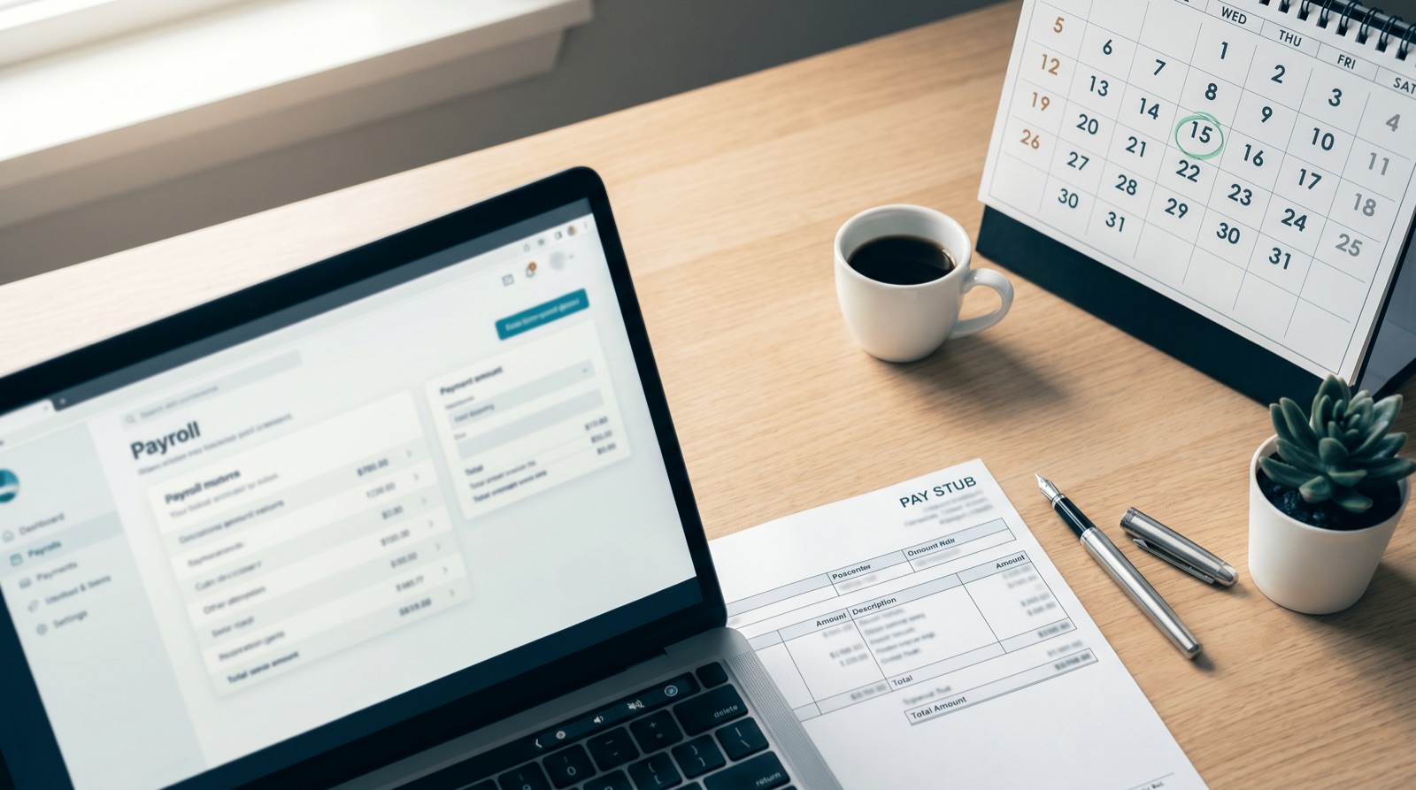 Laptop showing a payroll dashboard beside a pay stub, calendar with payday circled, fountain pen, and coffee