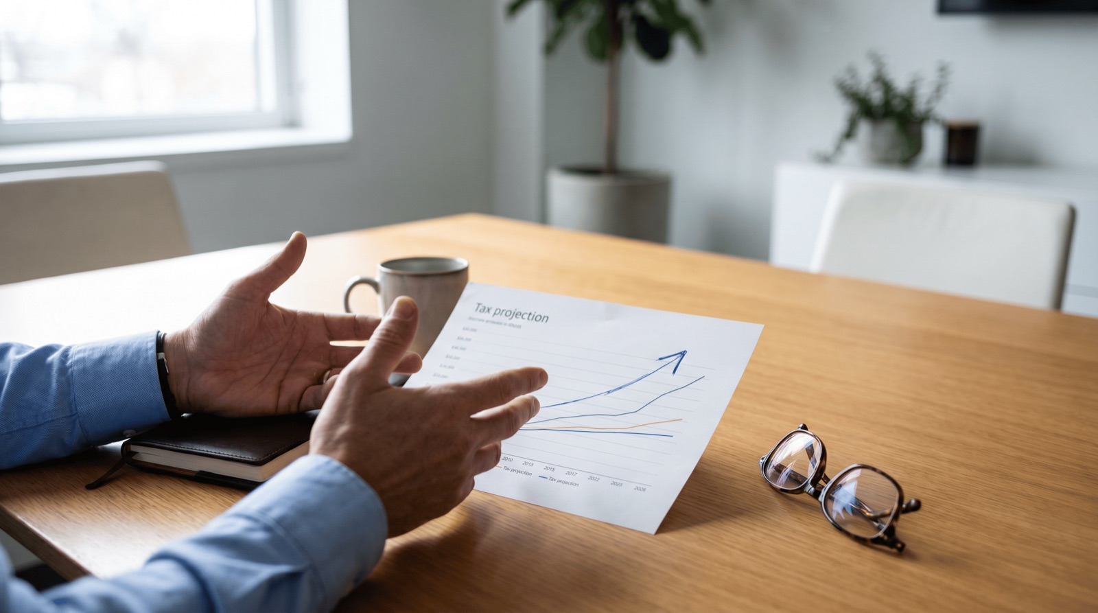 Advisor's hands gesturing over a printed tax projection chart with rising trend line on a wood conference table